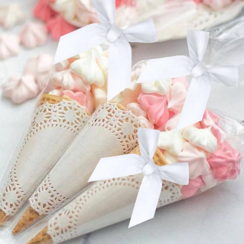 Adodotoe Christmas Twist Tie Bows, 100 Pcs Satin Twist Tie Bows for Treat Bag Satin Ribbon Tie Bows for Tying Up Packages Present Bags Bakery Candy Bags Decorating Ribbon Bow Gift Wrap Bows (White) - Image 3